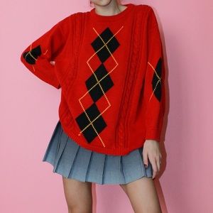 VTG 80s/90s Jantzen Red/Black Argyle Chunky Knit Crewneck Fisherman Sweater